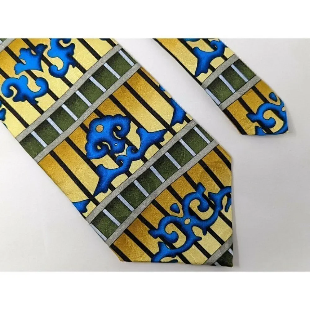GRATEFUL DEAD SILK TIE THE WOLF 2ND SET GEOMETRIC BLUE GOLD OLIVE 3.5